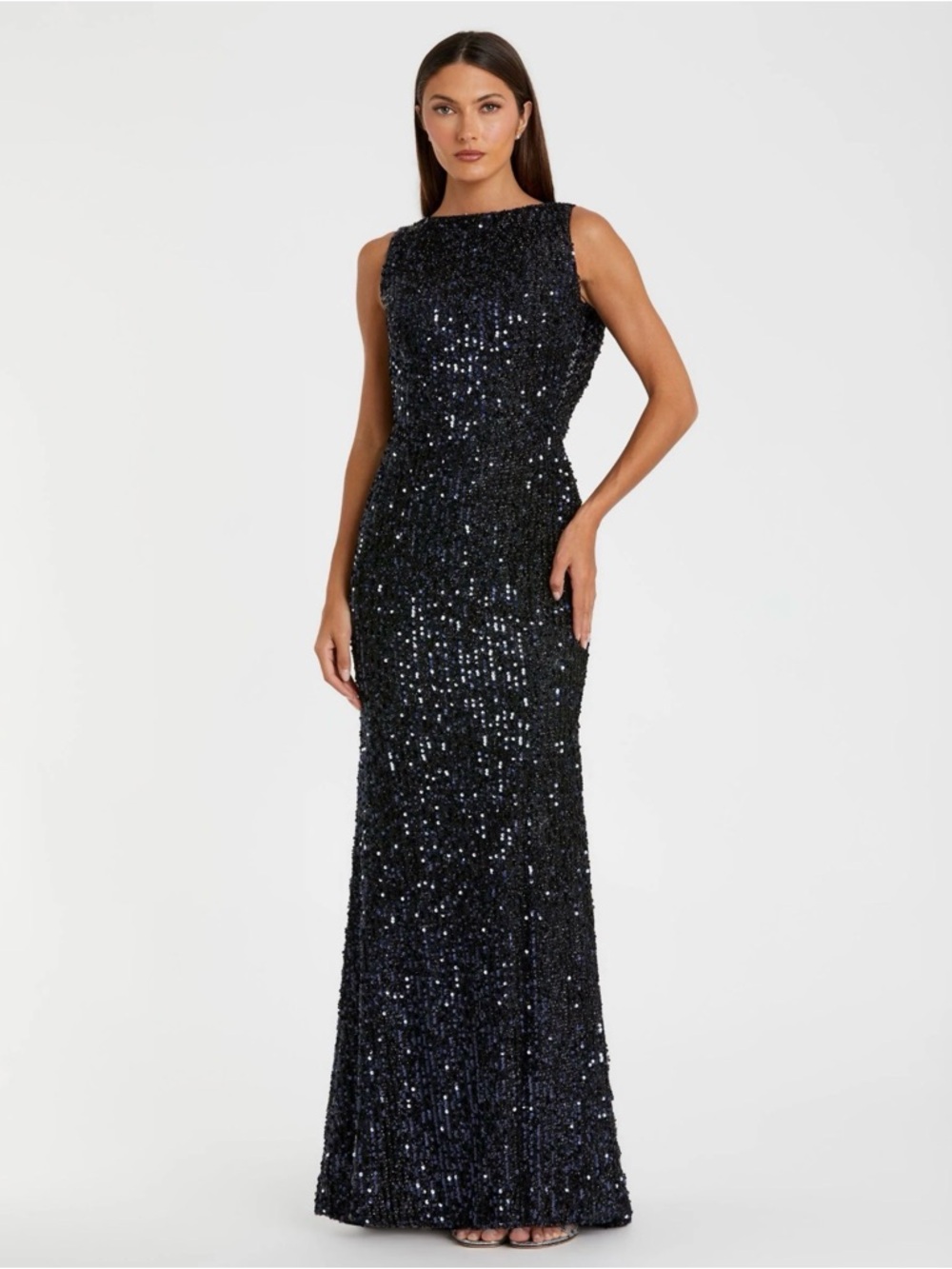 Ieena Sequined Sleeveless Draped Cowl Back Elegant Black Sequin Evening Gown NWT - Picture 1 of 8